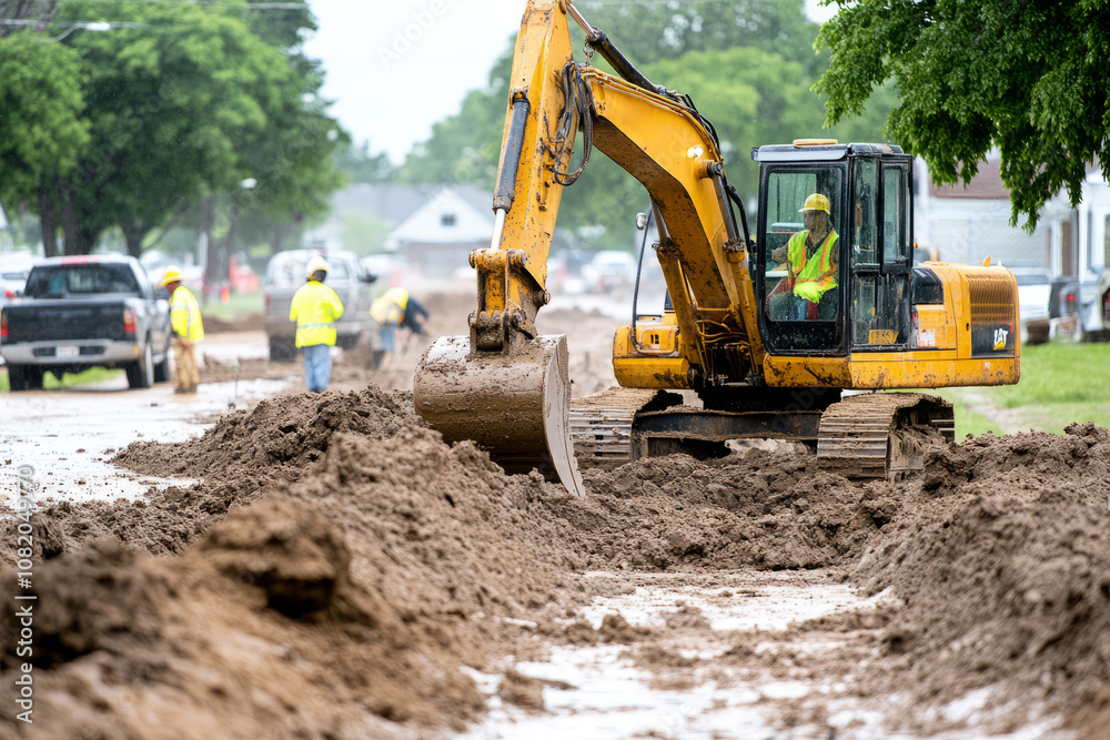 Excavator digging on a road construction site Excavator digging on a road construction site