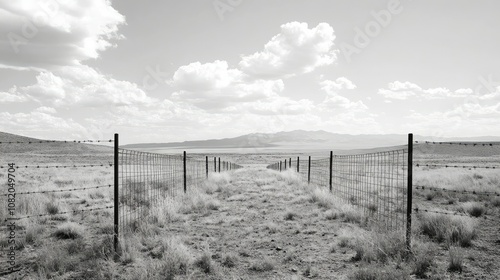 A grid metal fence framing the horizon, representing boundaries in an open landscape.