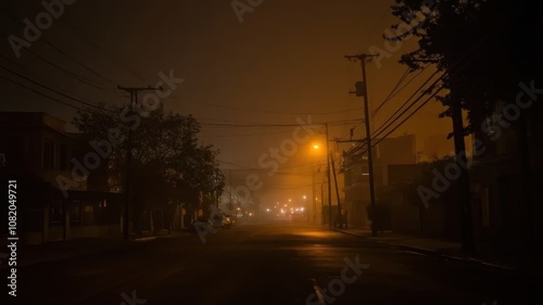 Dark, empty urban street at night with faint city lights through fog, streetlights off, occasional distant car alarm, eerie atmosphere highlighting sudden power loss in bustling city.