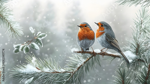 Two robins sitting on snowy pine branch in winter forest