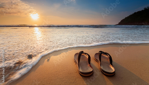 Footprint people on the sand and slipper of feet in sandals shoes on beach
