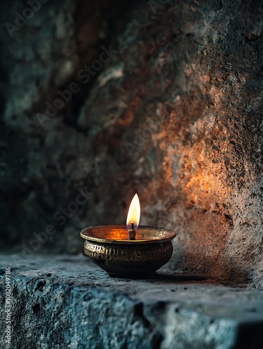 Flickering Flame of an Ancient Roman Oil Lamp on Rugged Stone Ledge Evoking History and the Evolution of Light