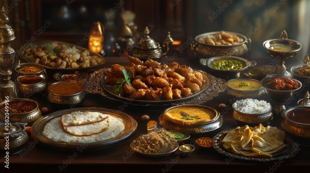 Fototapeta premium Assorted indian food. indian food. Ultra realistic. Photorealistic hypermaximalist advertising photography hyper realistic fine detail