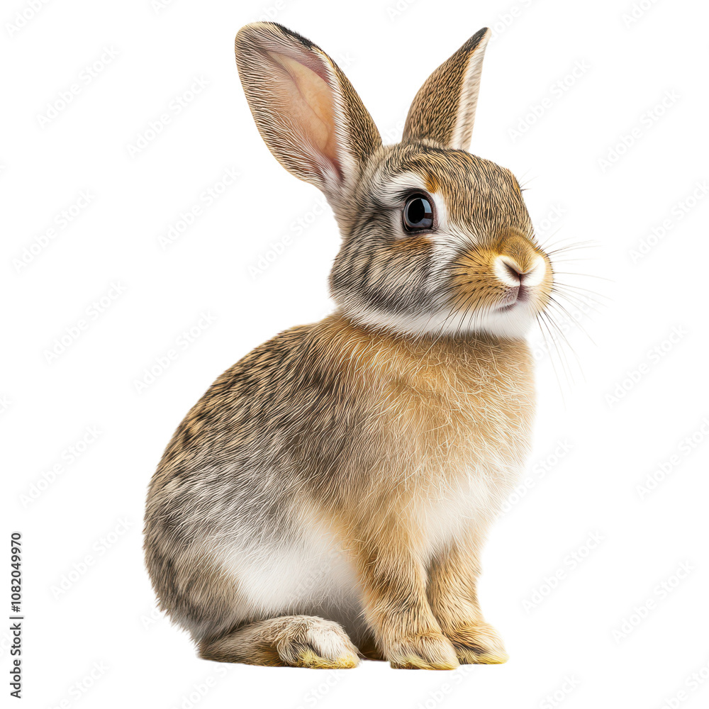 Fototapeta premium Realistic rabbit illustration, cute brown and white bunny portrait. Wild hare style animal graphic for Easter and nature designs isolated PNG with Transparent Background