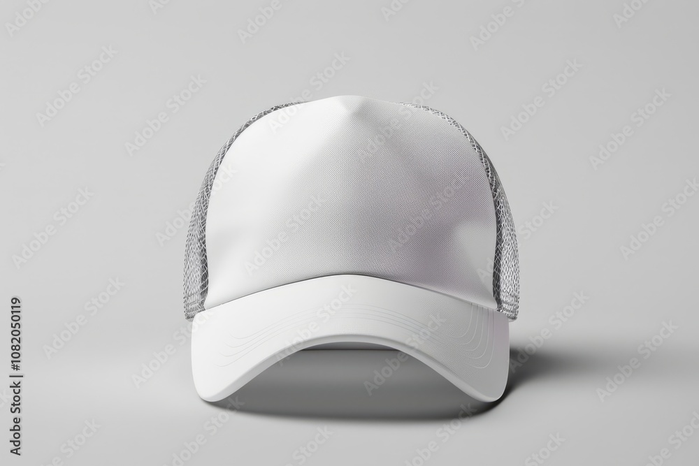 White baseball cap with mesh back displayed on a gray background. Front view showing cap shape, mesh texture, and stitching details. White baseball cap with mesh back displayed on a gray background. Front view showing cap shape, mesh texture, and stitching details.