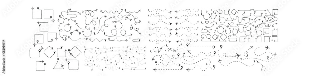 Obraz premium Airplane Route Dotted Line. travel, location pins, map pins. Plane, airplane, aircraft paths. Vector illustration EPS 10
