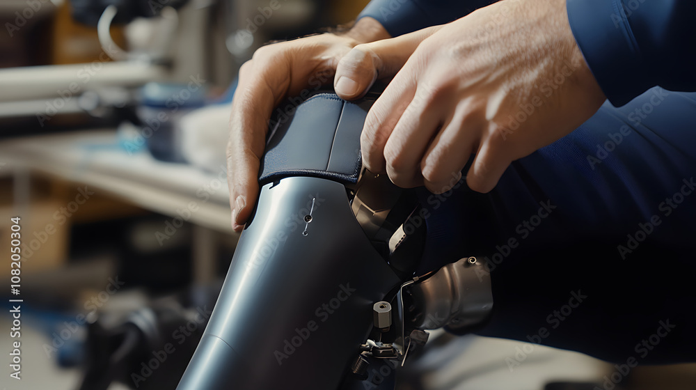 A person adjusting their prosthetic leg socket ensuring comfort and fit. A person adjusting their prosthetic leg socket ensuring comfort and fit.