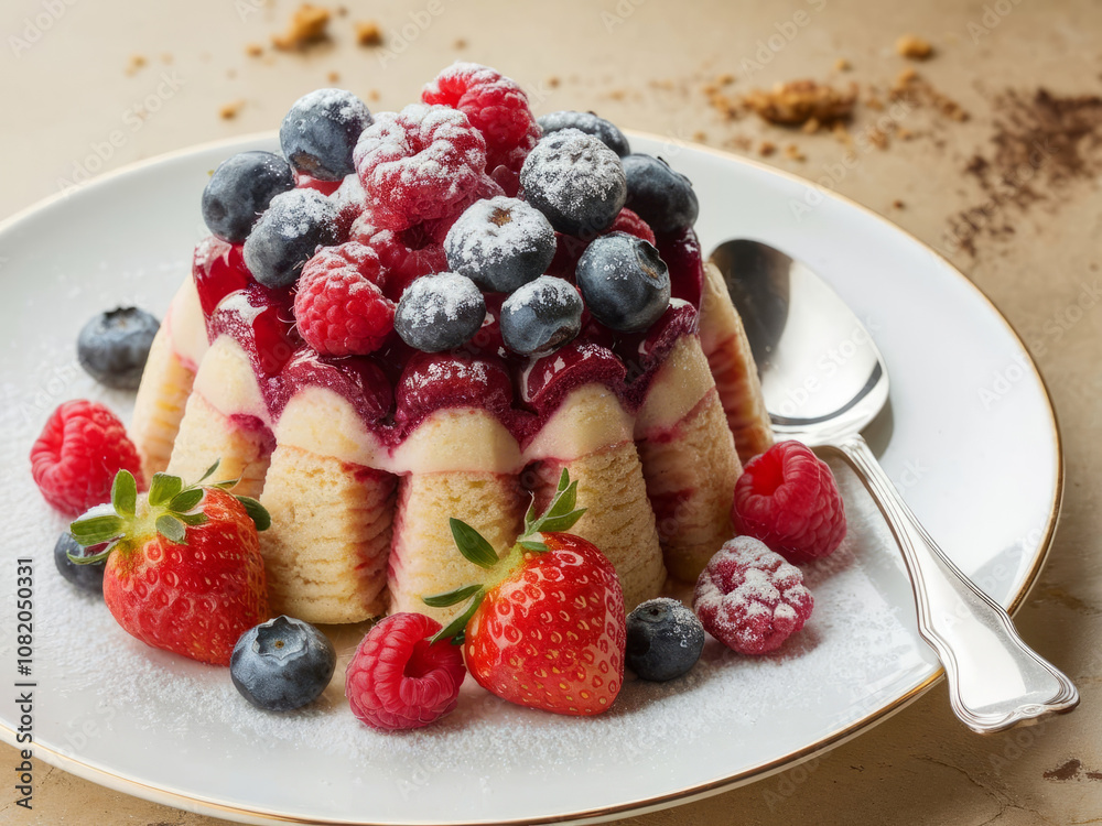 Bundt cake topped with fresh berries, powdered sugar on white plate, featuring strawberries, raspberries, blueberries Bundt cake topped with fresh berries, powdered sugar on white plate, featuring strawberries, raspberries, blueberries