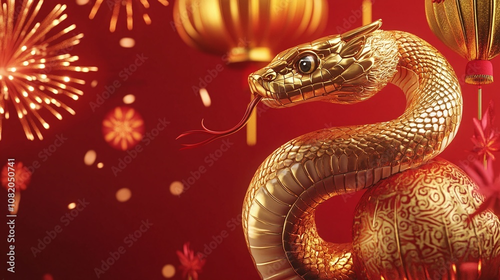 Golden Serpent Coiled Amidst Lanterns and Fireworks, Celebrating Festive Chinese New Year with Vibrant Red Background and Intricate Details Golden Serpent Coiled Amidst Lanterns and Fireworks, Celebrating Festive Chinese New Year with Vibrant Red Background and Intricate Details