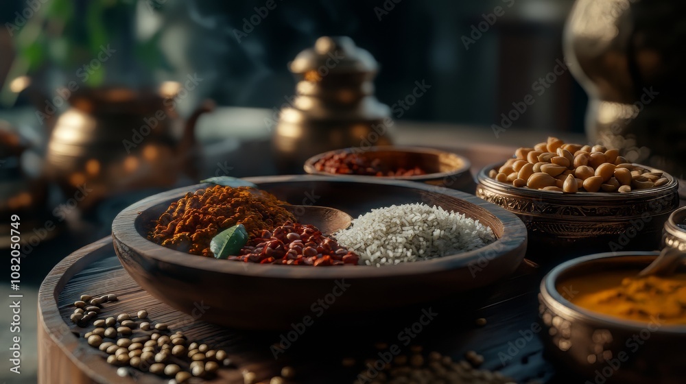 Assorted Indian food for lunch or dinner with rice, lentils, paneer, dal makhani, naan, chutney, and spices over a moody background. Selective focus, ultra-realistic, hypermaximalist 8k photography
