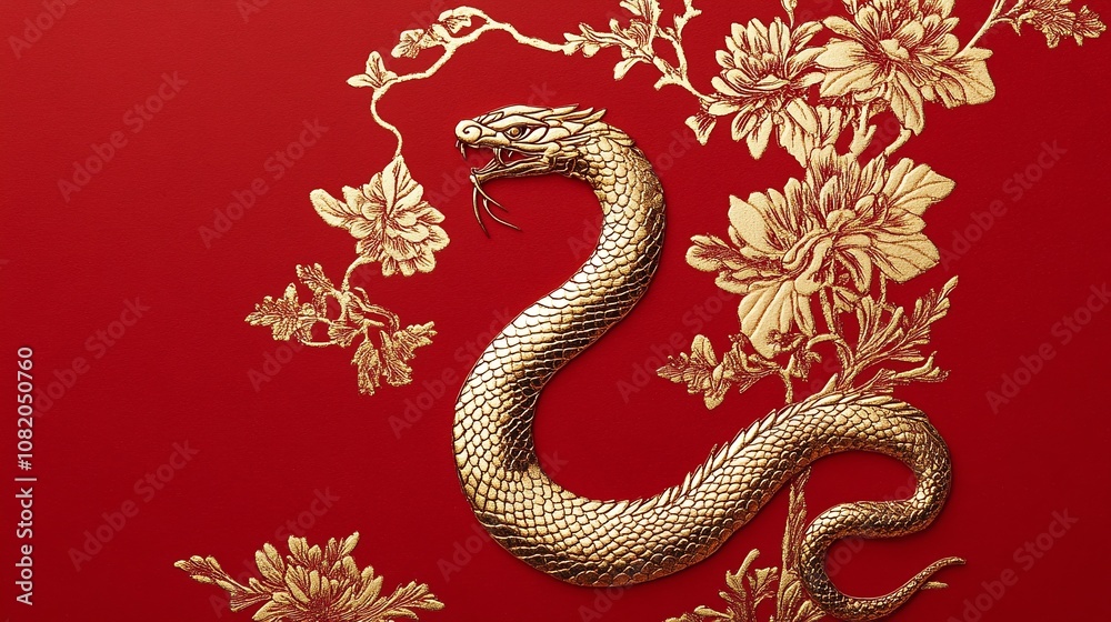 Golden Serpent Artwork on Red Floral Background, Symbolizing Prosperity and Strength in Traditional Asian Culture with Intricate Details and Vibrant Colors Golden Serpent Artwork on Red Floral Background, Symbolizing Prosperity and Strength in Traditional Asian Culture with Intricate Details and Vibrant Colors