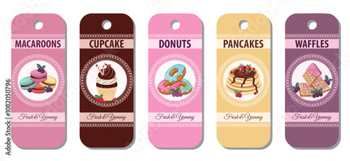 A set of templates for tags, labels, postcards for sweet desserts. Vector design.