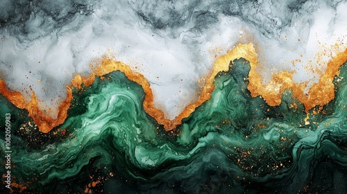 Abstract swirling patterns in green, white, and gold, evoking a sense of fluidity and movement.