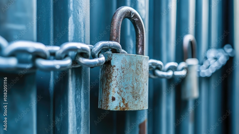 A padlock and chains securing an old storage unit, hinting at hidden treasures or forgotten spaces. A padlock and chains securing an old storage unit, hinting at hidden treasures or forgotten spaces.
