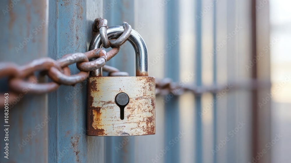 A padlock and chains securing an old storage unit, hinting at hidden treasures or forgotten spaces. A padlock and chains securing an old storage unit, hinting at hidden treasures or forgotten spaces.