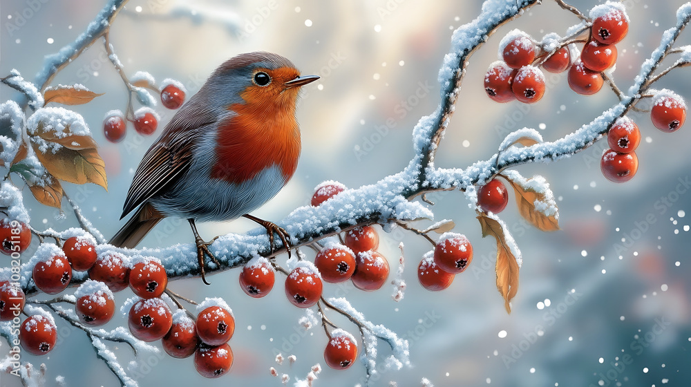 Robin bird perched on snowy branch with red berries in winter scene Robin bird perched on snowy branch with red berries in winter scene