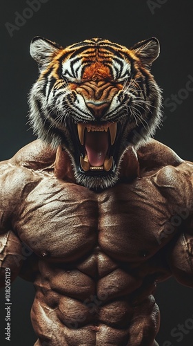 Ferocious Feline Fusion  Powerful Bodybuilder s Physique Adorned with Majestic Tiger s Head  Baring Teeth and Flexing Muscles in Fierce Determination photo