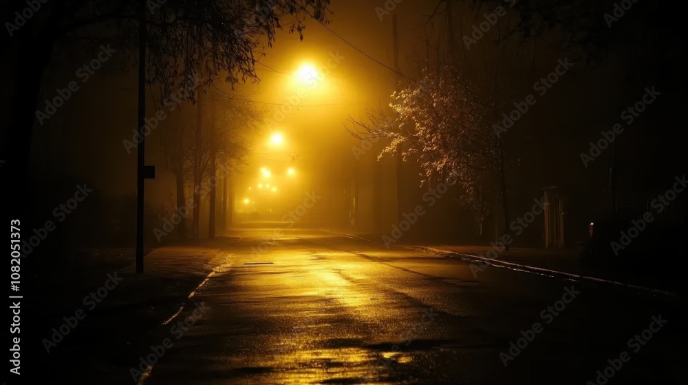 Dark, empty urban street at night with faint city lights through fog, streetlights off, occasional distant car alarm, eerie atmosphere highlighting sudden power loss in bustling city.