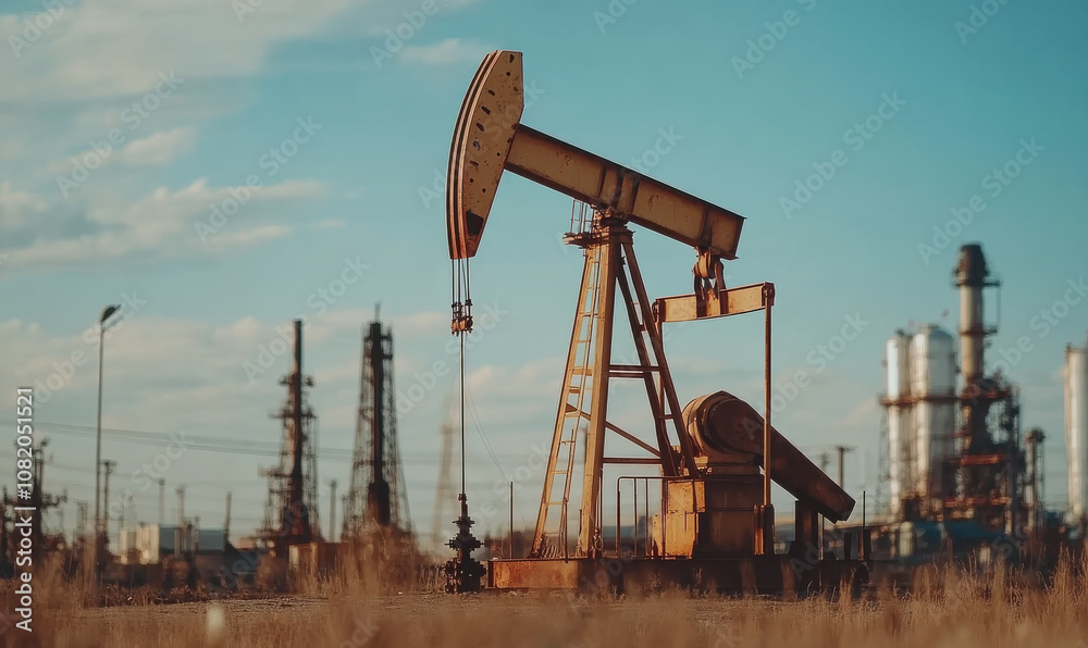 Oil pump working in field, with backdrop of industrial buildings and cloudy blue sky Oil pump working in field, with backdrop of industrial buildings and cloudy blue sky