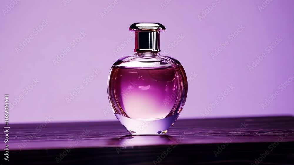 Elegant perfume bottle transformation on wooden surface amidst purple lighting Elegant perfume bottle transformation on wooden surface amidst purple lighting