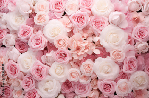 A beautiful arrangement of pink and white roses, creating a lush floral backdrop.