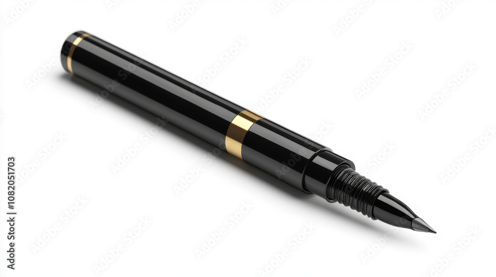 A sleek black fountain pen with a gold band, symbolizing elegance and sophistication in writing instruments. A sleek black fountain pen with a gold band, symbolizing elegance and sophistication in writing instruments.