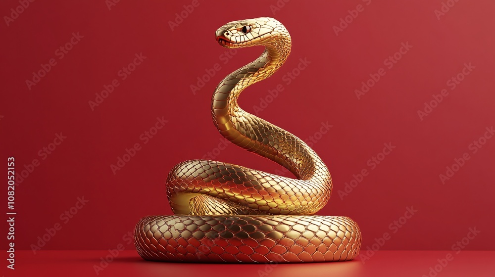 Obraz premium Golden Snake Sculpture on Red Background, Artistic Representation of Serpent Symbolizing Wisdom, Protection, and Transformation in Nature