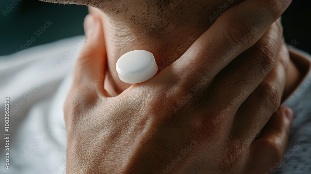 Fototapeta premium A person rubbing pain relief gel onto their stiff neck joint.