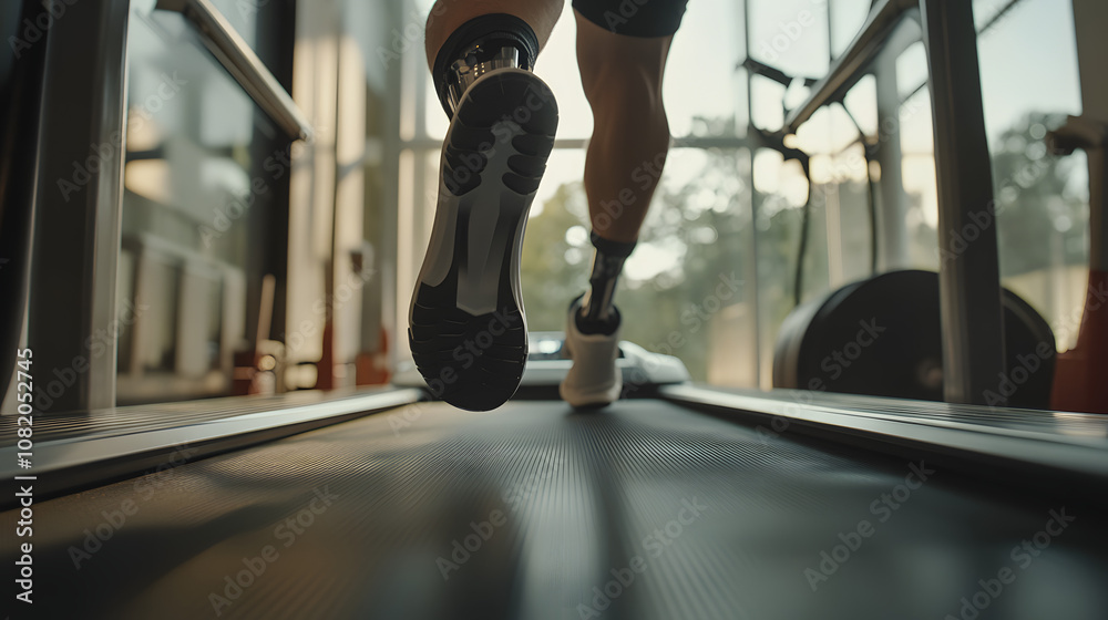 A person running on a treadmill with bilateral prosthetic legs focusing on their balance and gait. A person running on a treadmill with bilateral prosthetic legs focusing on their balance and gait.