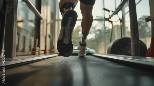 A person running on a treadmill with bilateral prosthetic legs focusing on their balance and gait.