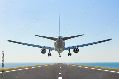 海の上の滑走路、青空にフライトする飛行機