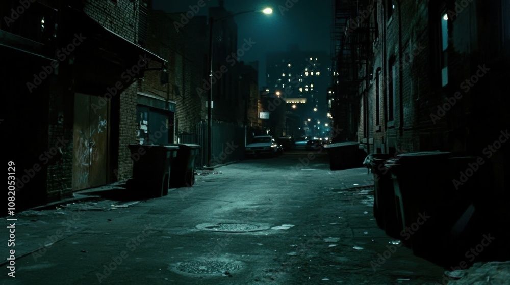 Obraz premium Dark, empty urban street at night with faint city lights through fog, streetlights off, occasional distant car alarm, eerie atmosphere highlighting sudden power loss in bustling city.