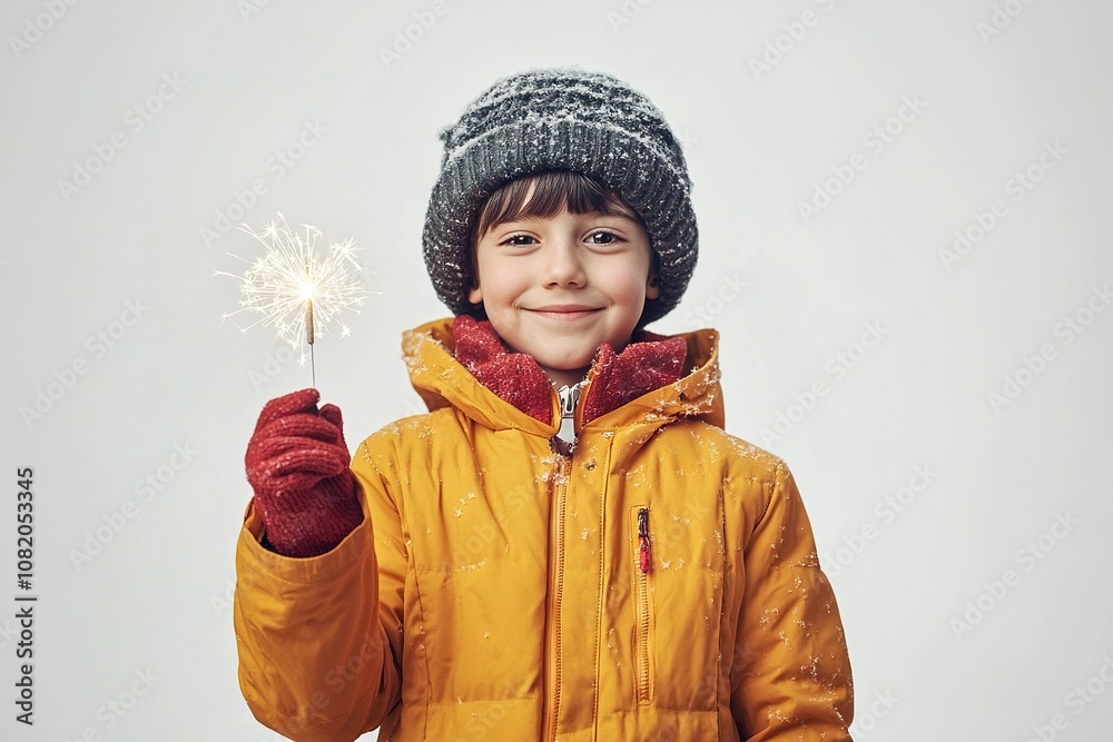 a boyl kid look happy hold a firework, with winter clothes, hyper realistic model, 8k, uhd, isolated background, copy space, clean, generative ai