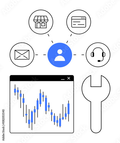 Person icon connected to shopping, email, browser, and support icons, with a wrench and stock chart below. Ideal for business strategy, marketing, customer service, web management e-commerce