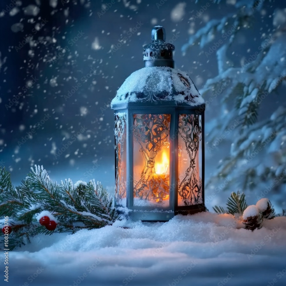 A lantern with a warm glow illuminates the snow covered winter landscape. A lantern with a warm glow illuminates the snow covered winter landscape.