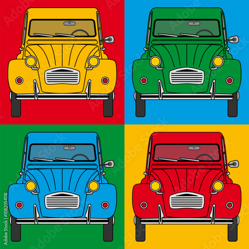 affiche pop avec 4 versions de couleur de la voiture vintage française : la 2CV, disposées dans 4 carrés au fond de couleurs vives.