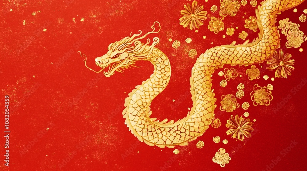 Majestic Golden Dragon on Vibrant Red Background with Floral Accents Symbolizing Power, Prosperity, and Good Fortune in Traditional Asian Culture Majestic Golden Dragon on Vibrant Red Background with Floral Accents Symbolizing Power, Prosperity, and Good Fortune in Traditional Asian Culture