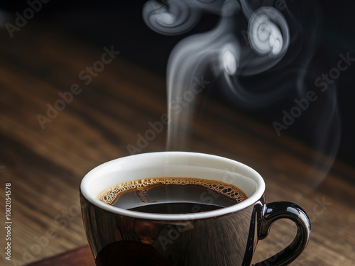 Hot black coffee in dark mug with steam rising and crema visible on wooden table surface