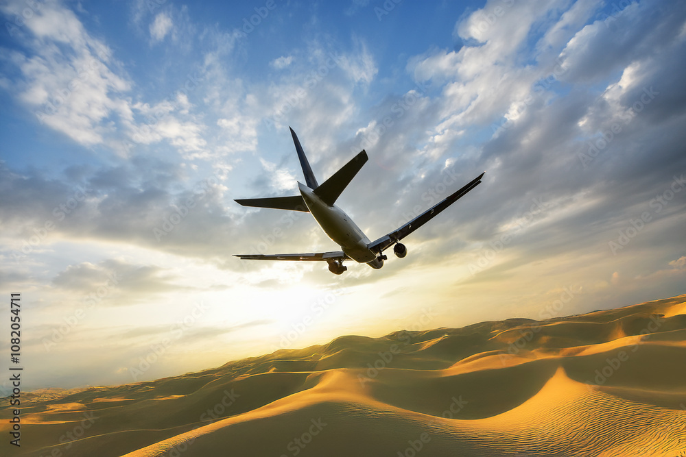 夕焼けの砂漠の空を飛ぶ飛行機