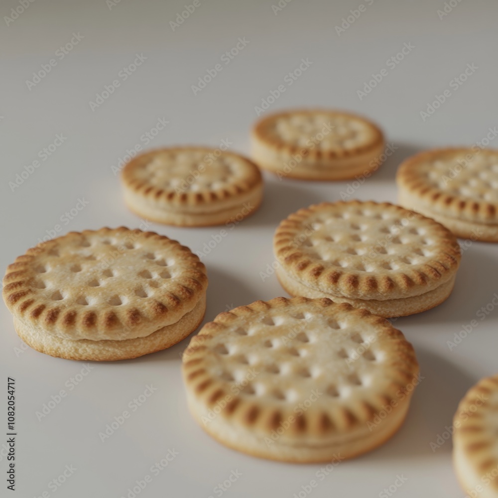Closeup of round, light brown cookies with a textured design on a white background. Closeup of round, light brown cookies with a textured design on a white background.