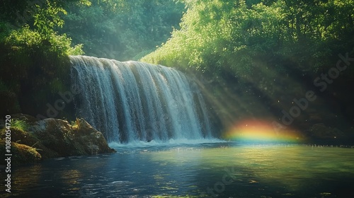 A stunning waterfall cascades into a serene pool, with rays of light creating a beautiful rainbow effect in the mist.