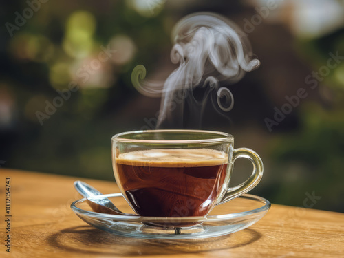 Hot coffee in clear glass cup with steam rising, served on saucer with spoon on wooden table