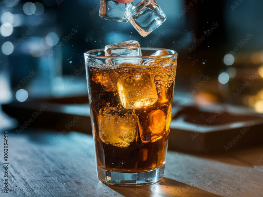 Iced cola drink with falling ice cubes, glass of refreshing soda on wooden surface, cool beverage Iced cola drink with falling ice cubes, glass of refreshing soda on wooden surface, cool beverage