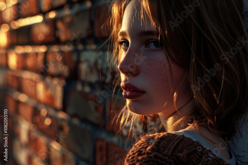 A woman stands in front of a brick wall, possibly lost or waiting for someone