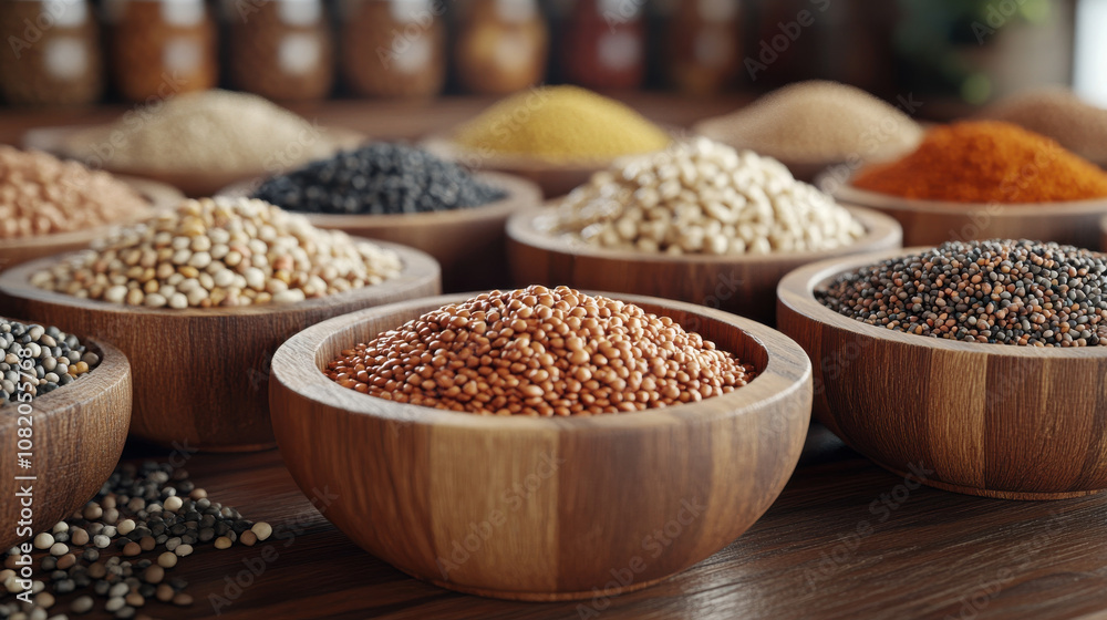 Organic grains assorted in wooden bowls create vibrant display of colors and textures, showcasing variety of seeds and spices that enhance culinary experiences