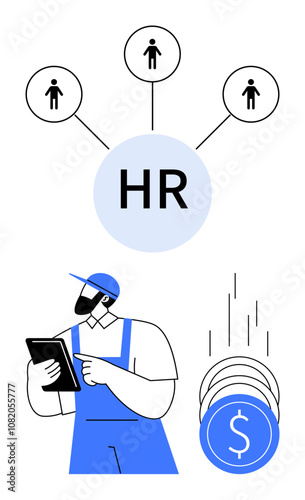 Worker checking tablet with HR symbol connected to three employees, symbols of coins representing financial rewards. Ideal for HR, recruitment, workforce management, productivity, financial planning