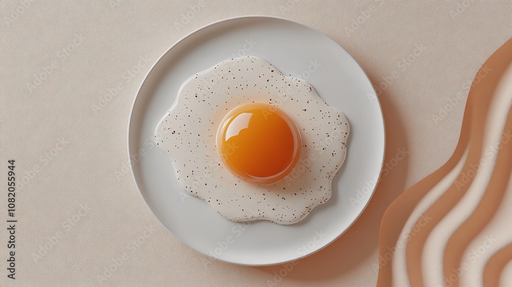 A perfectly fried egg on a white plate with a beige background. A perfectly fried egg on a white plate with a beige background.