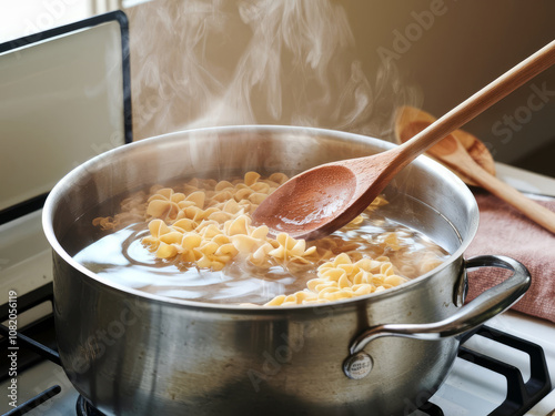 Wallpaper Mural Shell pasta boiling in pot of steaming water with wooden spoon, cooking on stovetop burner Torontodigital.ca