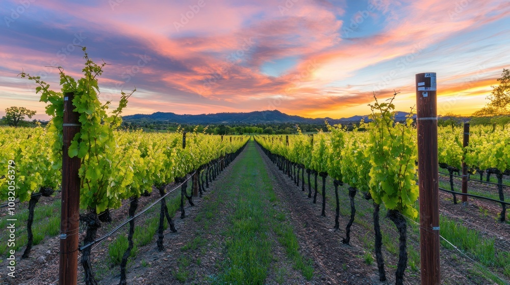 Fototapeta premium Rows of grapevines in a vineyard at sunset with a mountain range in the background.