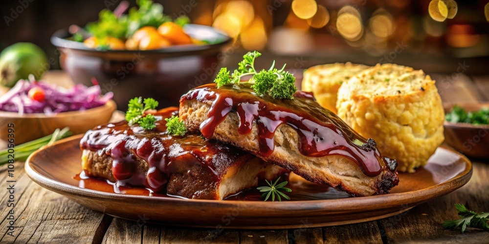 Succulent BBQ pork ribs served alongside golden cornbread and crunchy coleslaw create the ultimate delicious summer feast that everyone will enjoy and savor together. Succulent BBQ pork ribs served alongside golden cornbread and crunchy coleslaw create the ultimate delicious summer feast that everyone will enjoy and savor together.